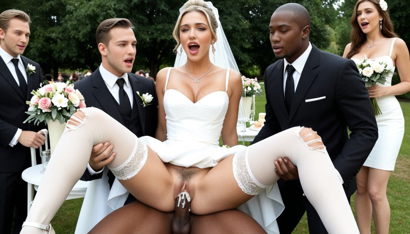 Sitting On A Table, Wedding Bouquet, Garter Belt And Sheer Brown Stockings AI Porn
