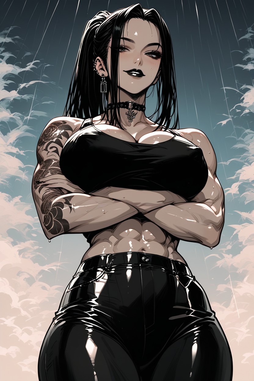 High Ponytail, Toned Body Adorned With Tattoos, Brazos Cruzados Hentai IA