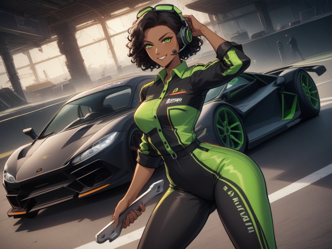 Vibrant Saturated Colors, Race Car On Mechanic Ramp, Car Garage Background Latina AI Porn