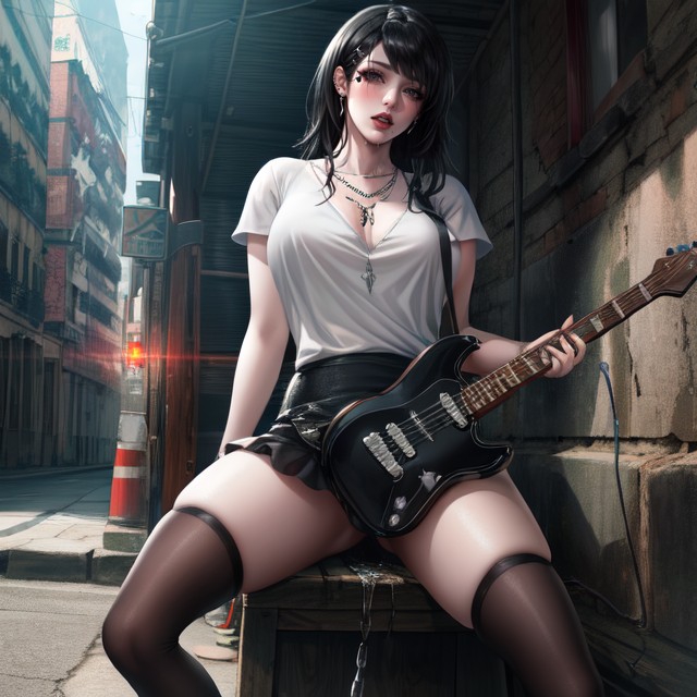 Chain Necklace, Black Leather Skirt, Black Shaggy Hair With Bangs Hentai AI Porn
