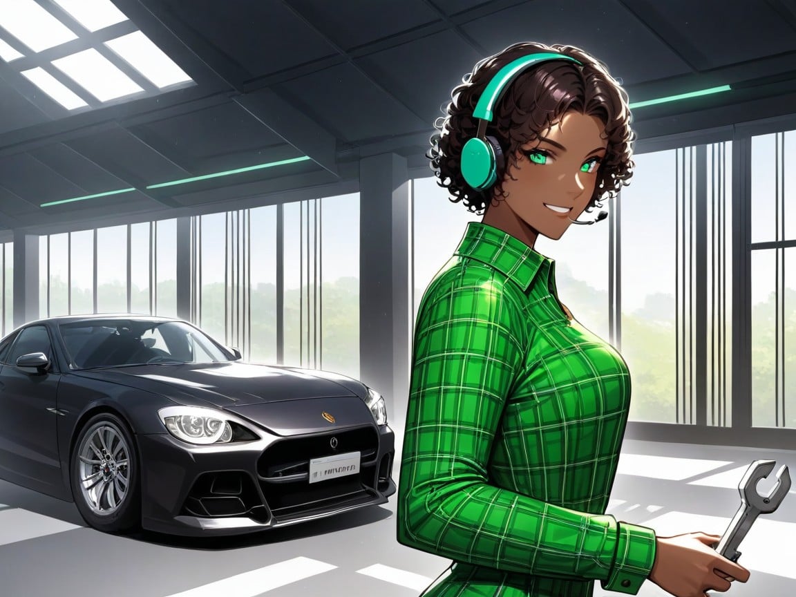 Nsfw, Wearing A Green Plaid Racing Suit, Rolled Sleeves AI Porn