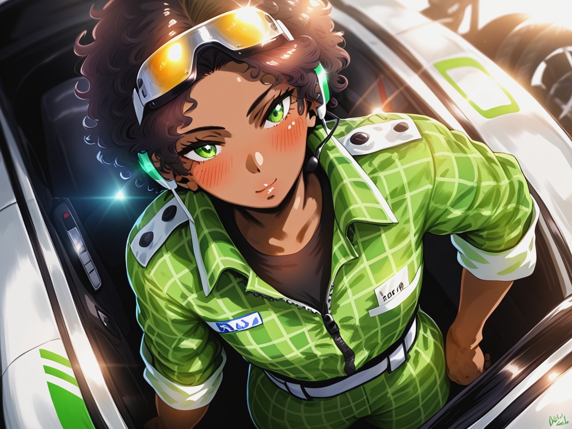Chest And Hips Proportionate, Wearing A Green Plaid Racing Suit, Race Car Vehicle Service Lift Hentai AI Porn