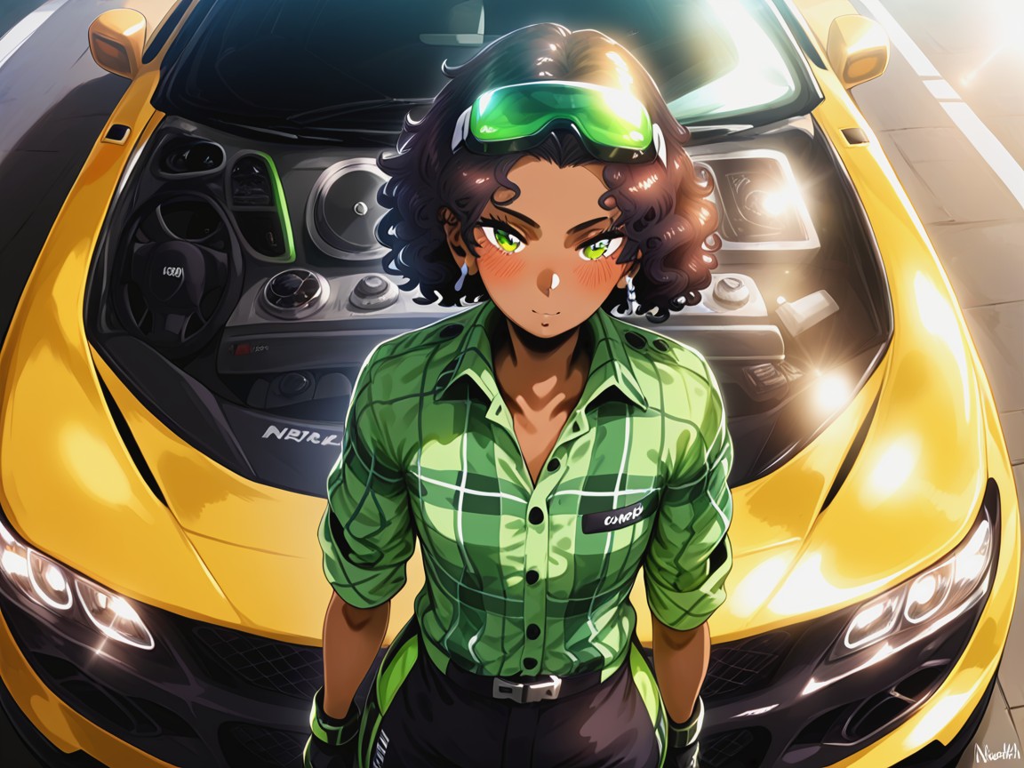 Race Car Vehicle Service Lift, Green Plaid Grease Stained Plaid Jumpsuit, Squared Shoulders Hentai AI Porn