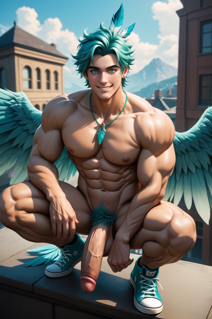 Pecs, Feathers In Pubic Hair, Squatting ゲイAIポルノ