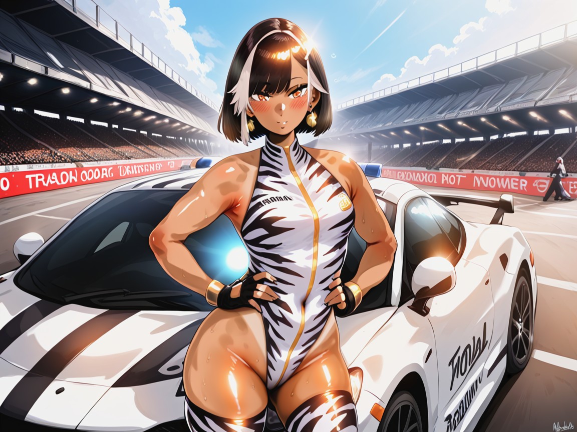 Form Fitting Mesh Silver Tiger Print Race Suit, 18+, Squared Torso Hentai IA