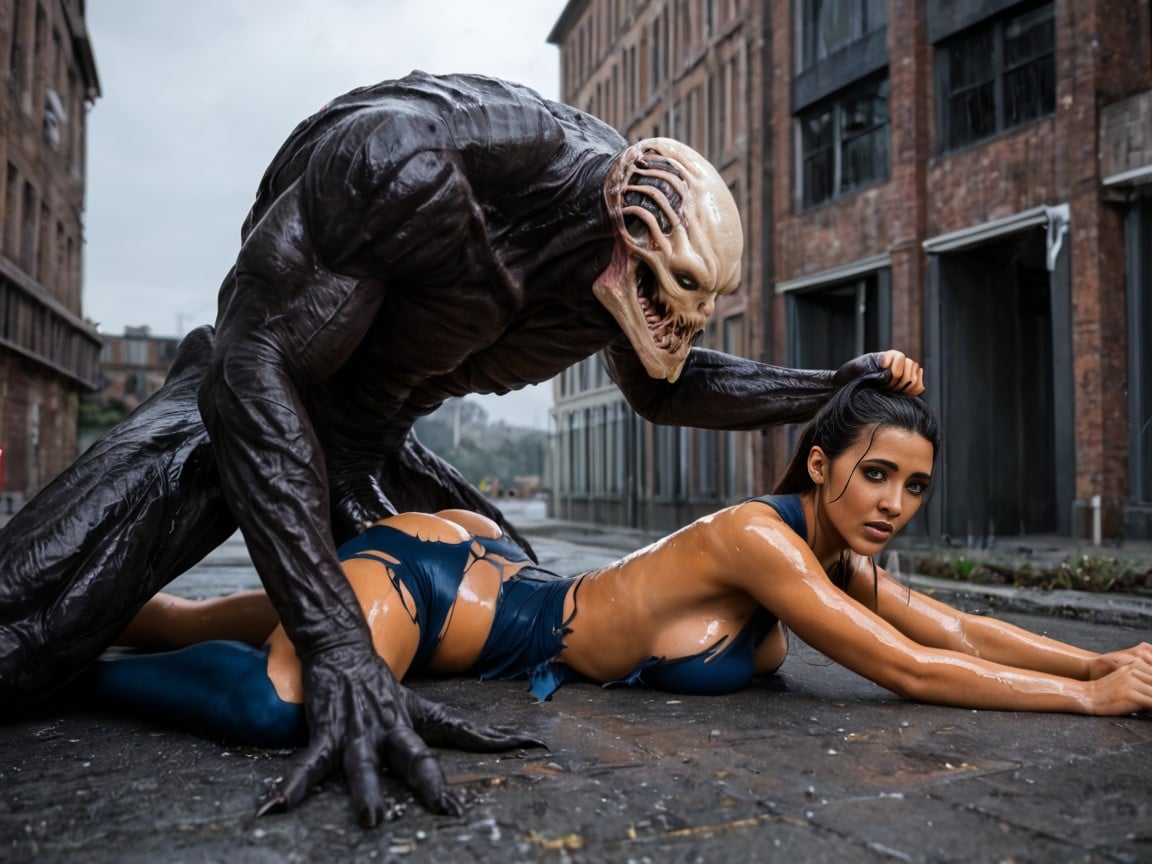 Oiled Skin, Raining, Enormous Monster The Size Of A Building AI Porn