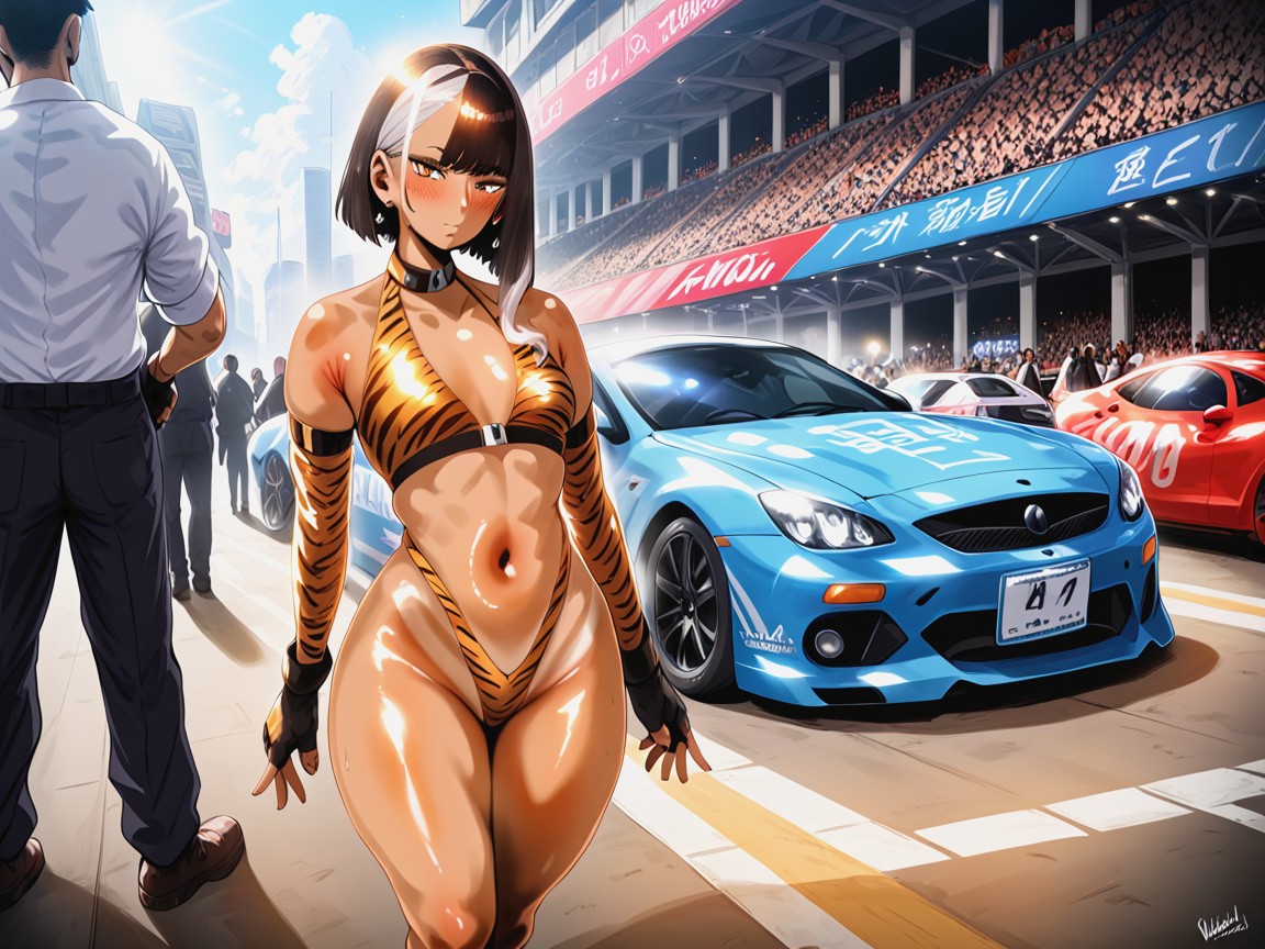 Wide Waist, Cel Shading Effects, Form Fitting Mesh Silver Tiger Print Race Suit Hentai AI Porn