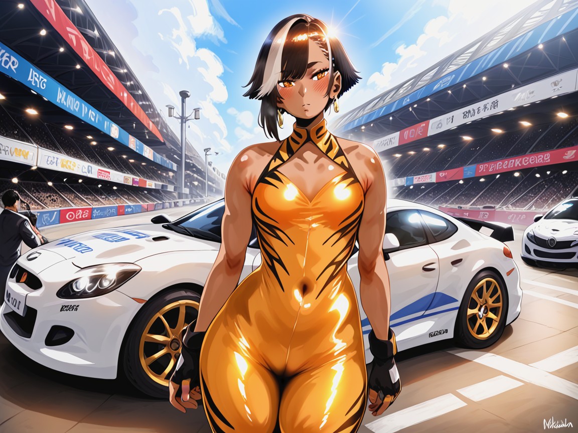 Squared Hips, Low Torso Height, Silver Tiger Print Race Car In Background Hentai AI Porn