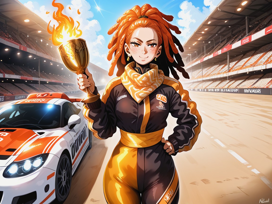 Gold Race Car In Background, Side View, Medium Ass Hentai AI Porn