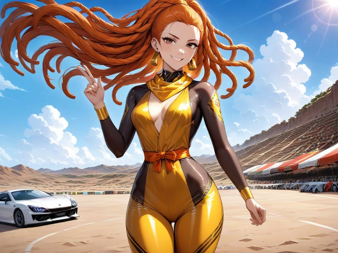 Medium Breast, Outdoors, Gold Race Car In Background AI Porn