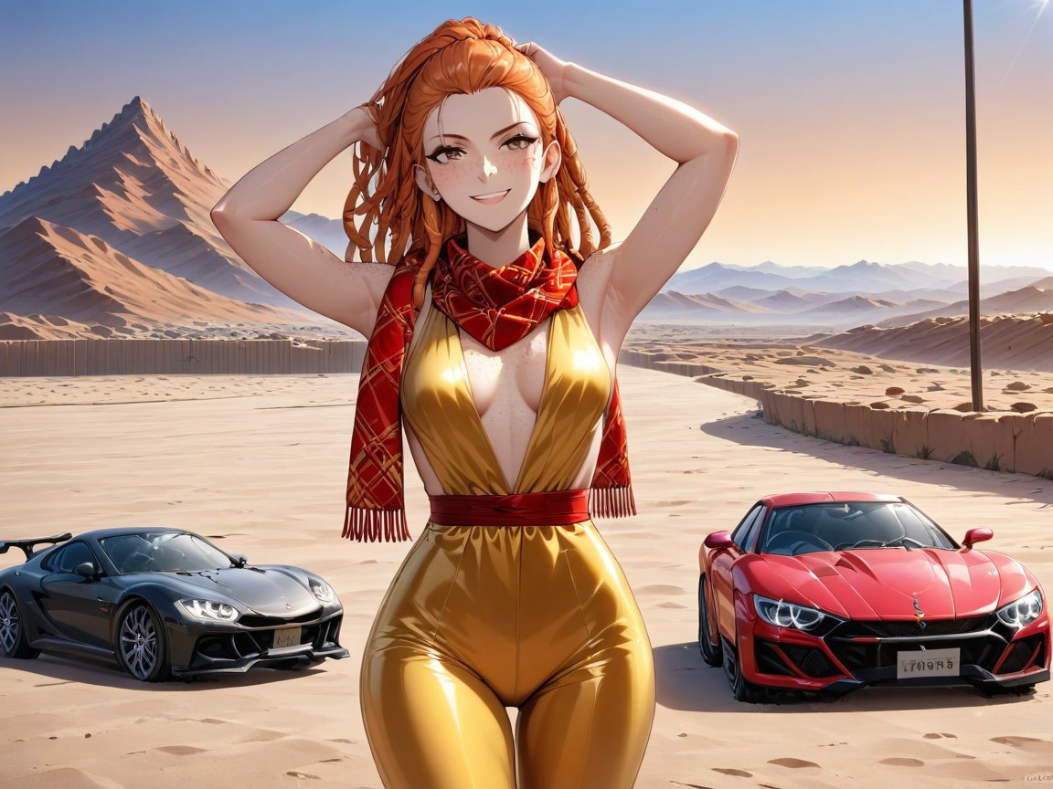 Rounded Hips, Ultra Detailed, Flame Patterned Silk Scarf Blowing In The Wind Porno IA