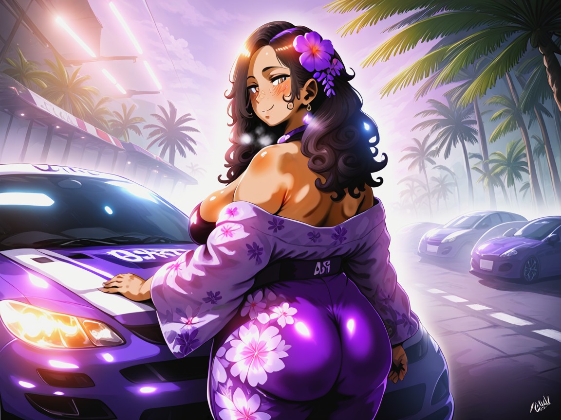 Purple Floral Print Racing Robe, Purple Flower In Hair, Woman Ultra Detailed Hentai IA