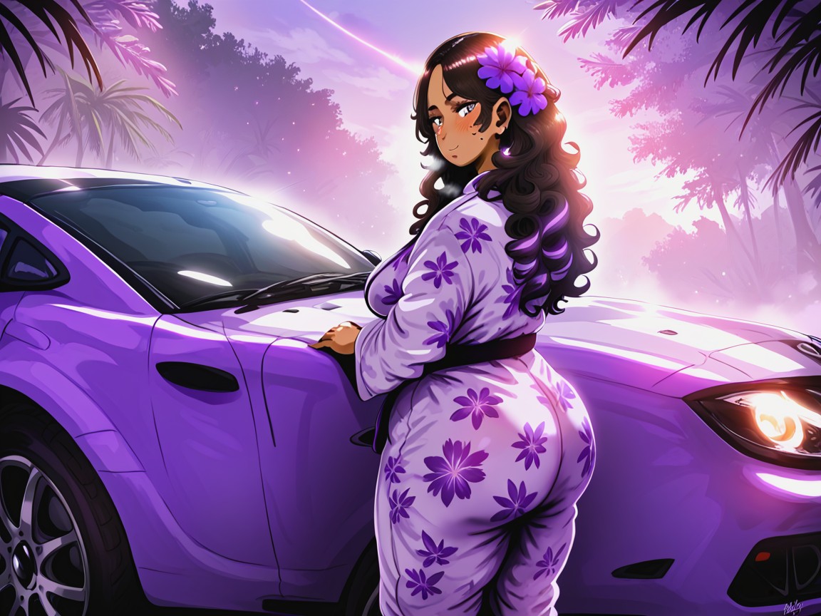 Purple Floral Print Racing Robe, Purple Flower In Hair, Extremely Large Ass Hentai IA