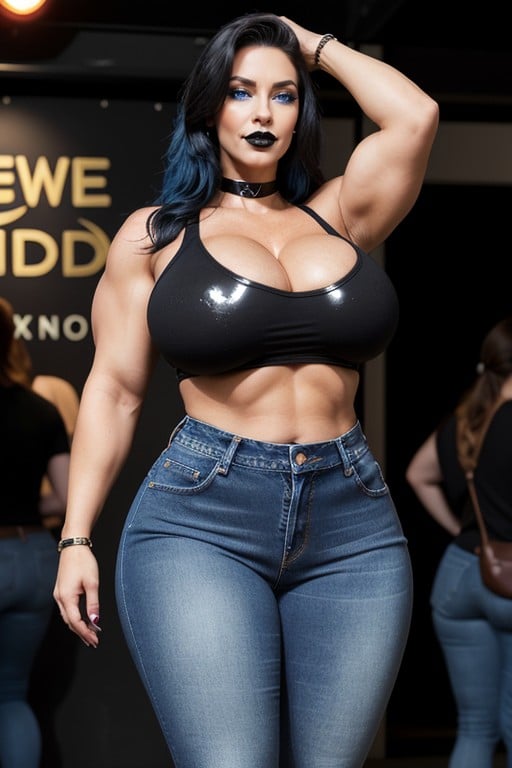 Steroid Freakish Muscular, Black Choker, Gigantic Oversized Massive Breasts AI Porn
