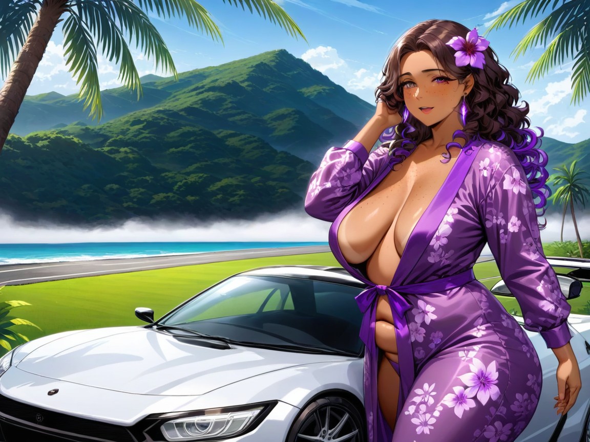 Wearing A Purple Floral Print Racing Suit, Rounded Breast Width, Purple Flower In Hair AI Porn