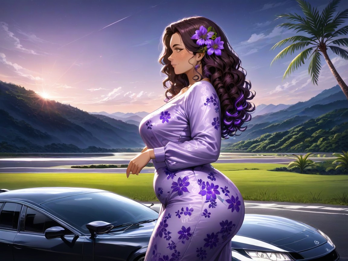 Neon Purple Flora In Background, Driver, Natural Breast AI Porn