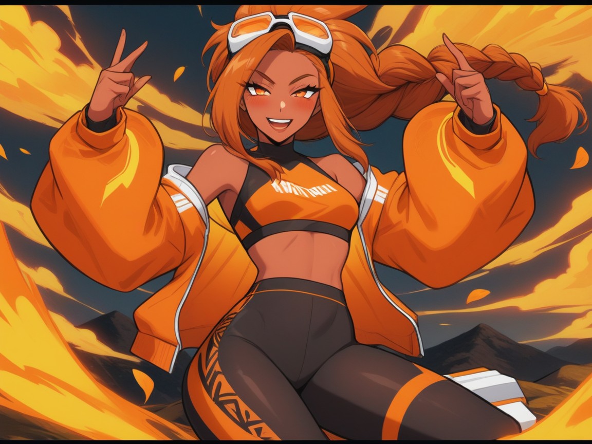 Strong Wind Effects, Soft Shadow, Wearing An Orange Tribal Racing Suit Latina AI Porn
