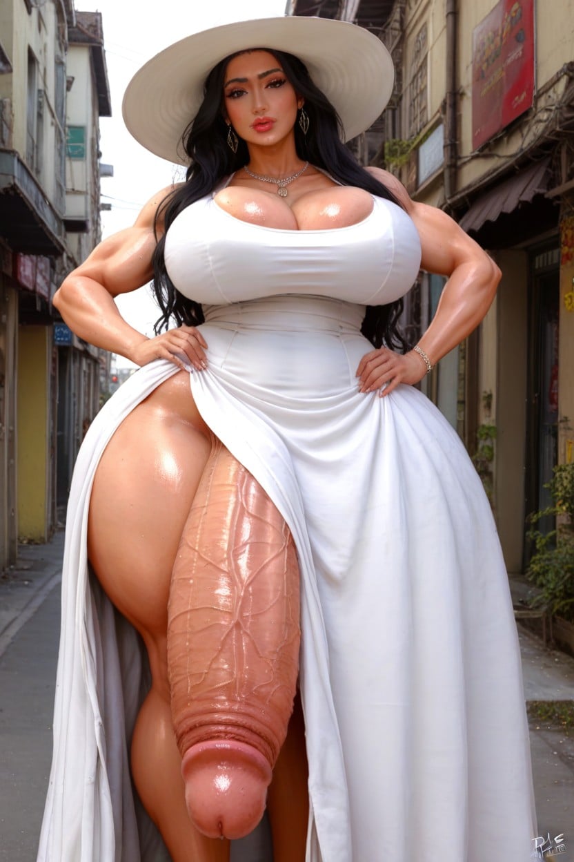 Long Hair, Wide Brimmed Hat, Massive Sagging Ballsack Shemale AI Porn