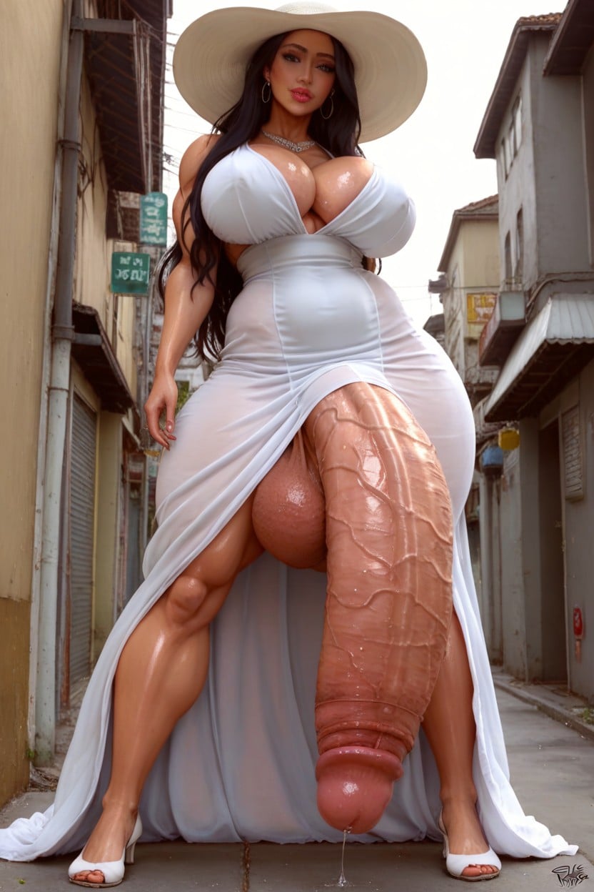 Massive Breasts, Flowing Dress, Massive Sagging Ballsack Shemale AI Porn