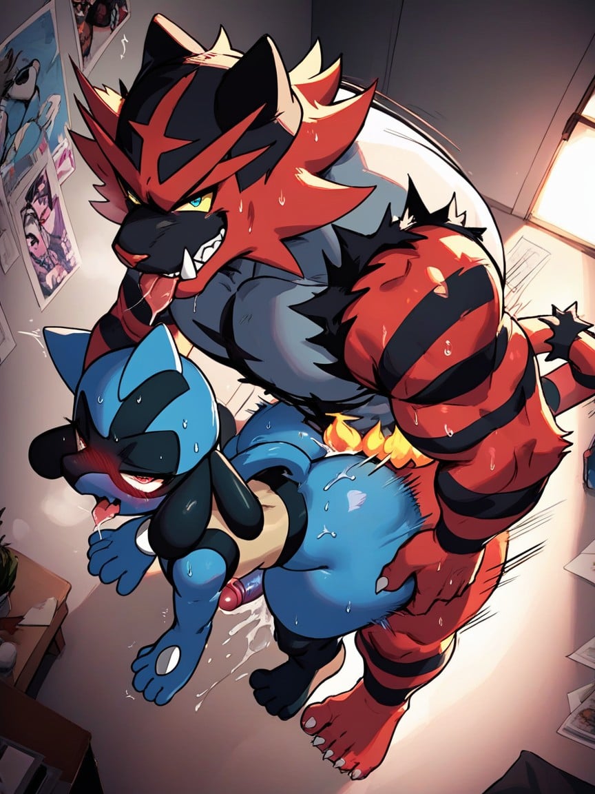 Motion Lines, Fat Chunky Incineoar, Incineroar Gripping Riolu’s Ass Cheeks Furry AI Porn