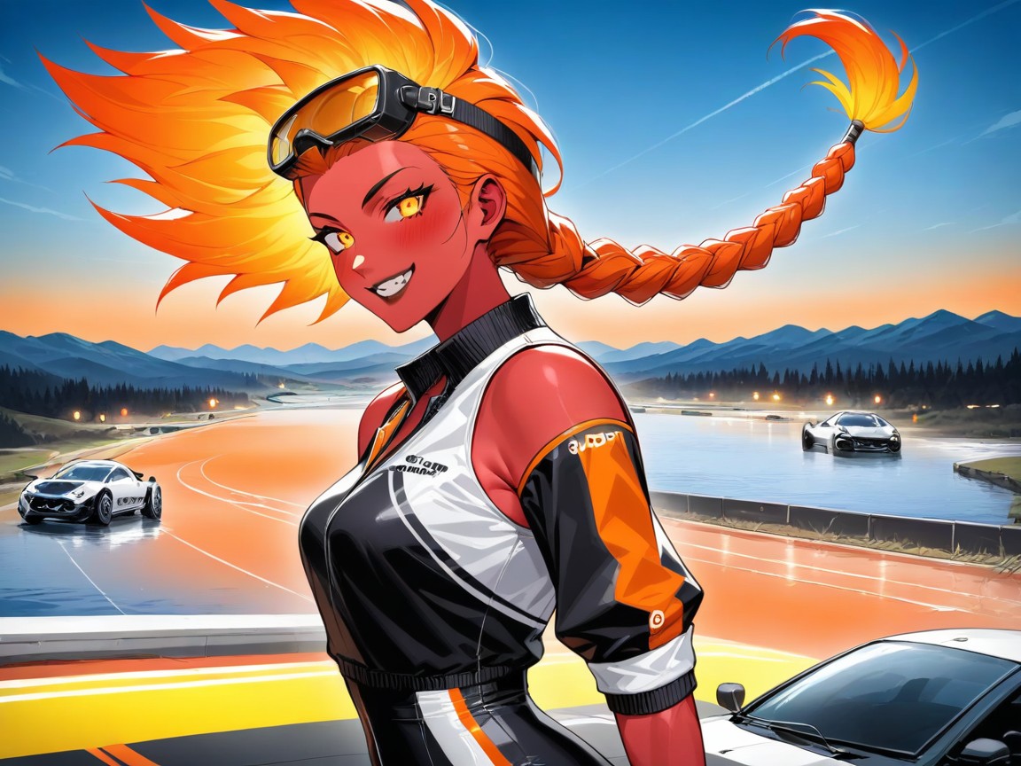 Copper Red Skin, Orange Race Car In Background, Ponytail AI Porn