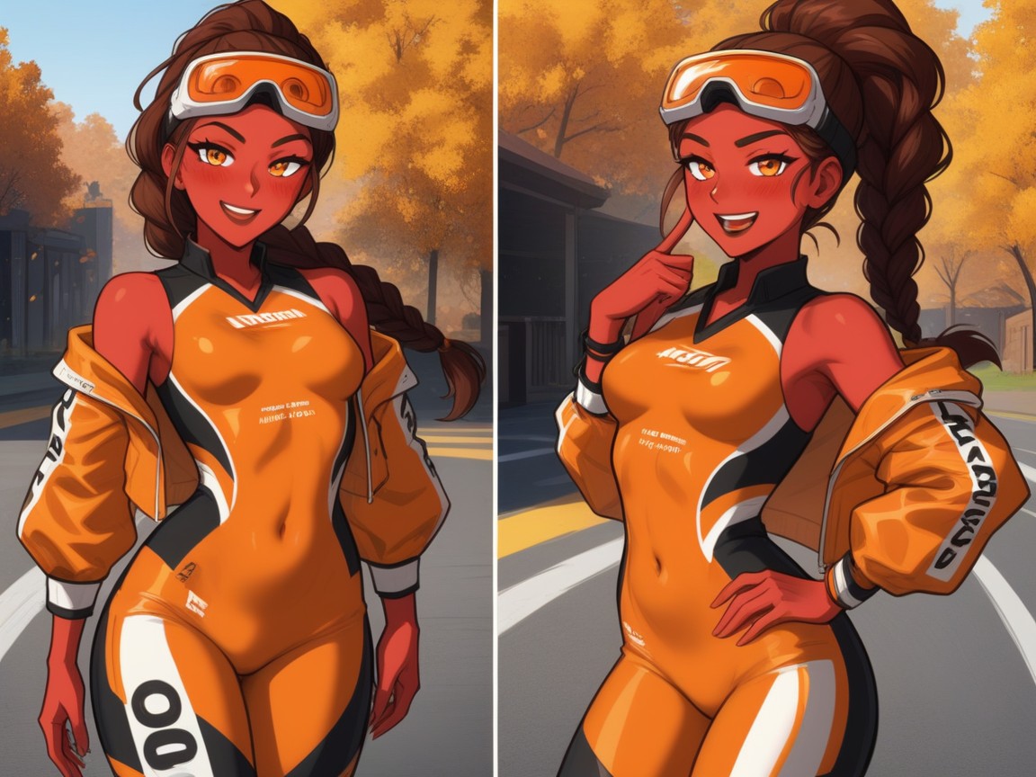 Orange Race Car In Background, Neon Orange Fog, Sloped Shoulders Latina AI Porn