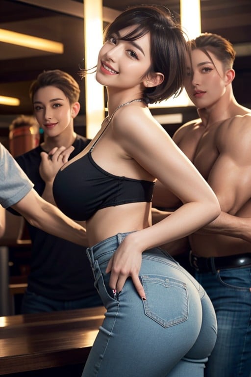 Side Bangs Covering Eye, Men Behind, Tight Clothes AI Porn