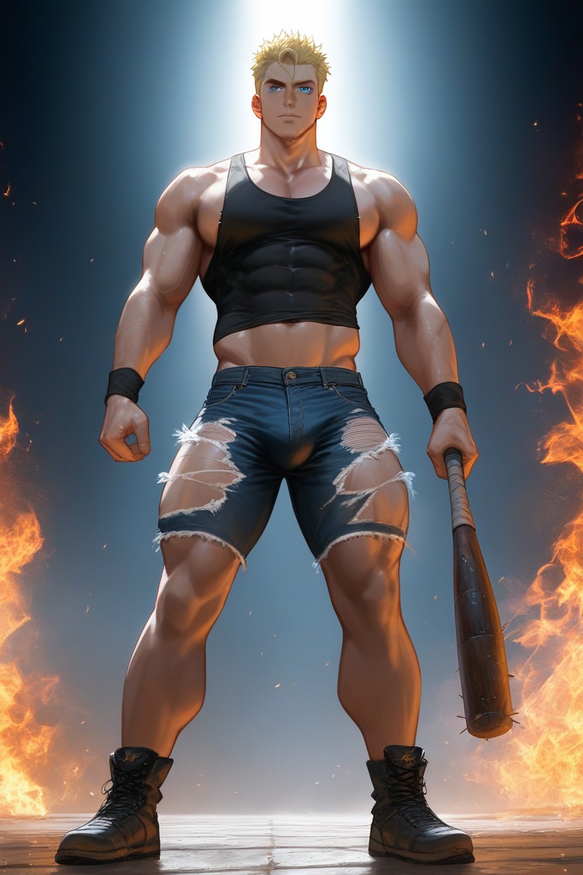 夜, With A Huge Bulge And A Ripped White Tank Top, Dystopian Cityscape In His Hand ゲイAIポルノ