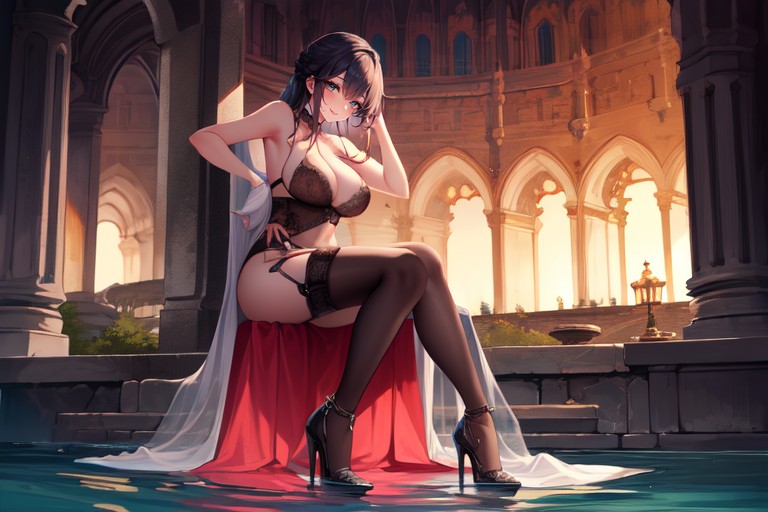 Black Fishnet Stocking Belt, Wet Body, Woman Lying In The Water In Shallow Water AI Porn