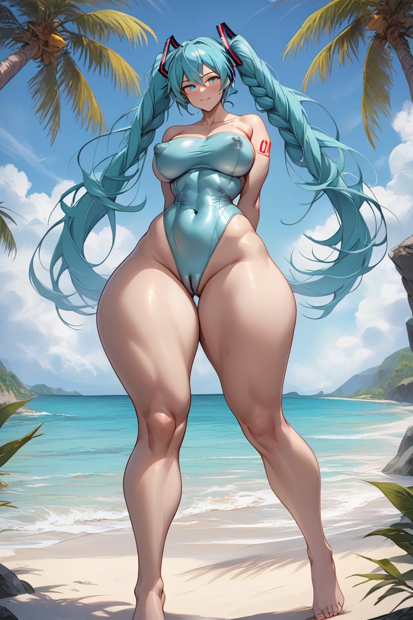Long Legs, Very Thick Glutes, Tight Cyan Latex Swimsuit AI Porn
