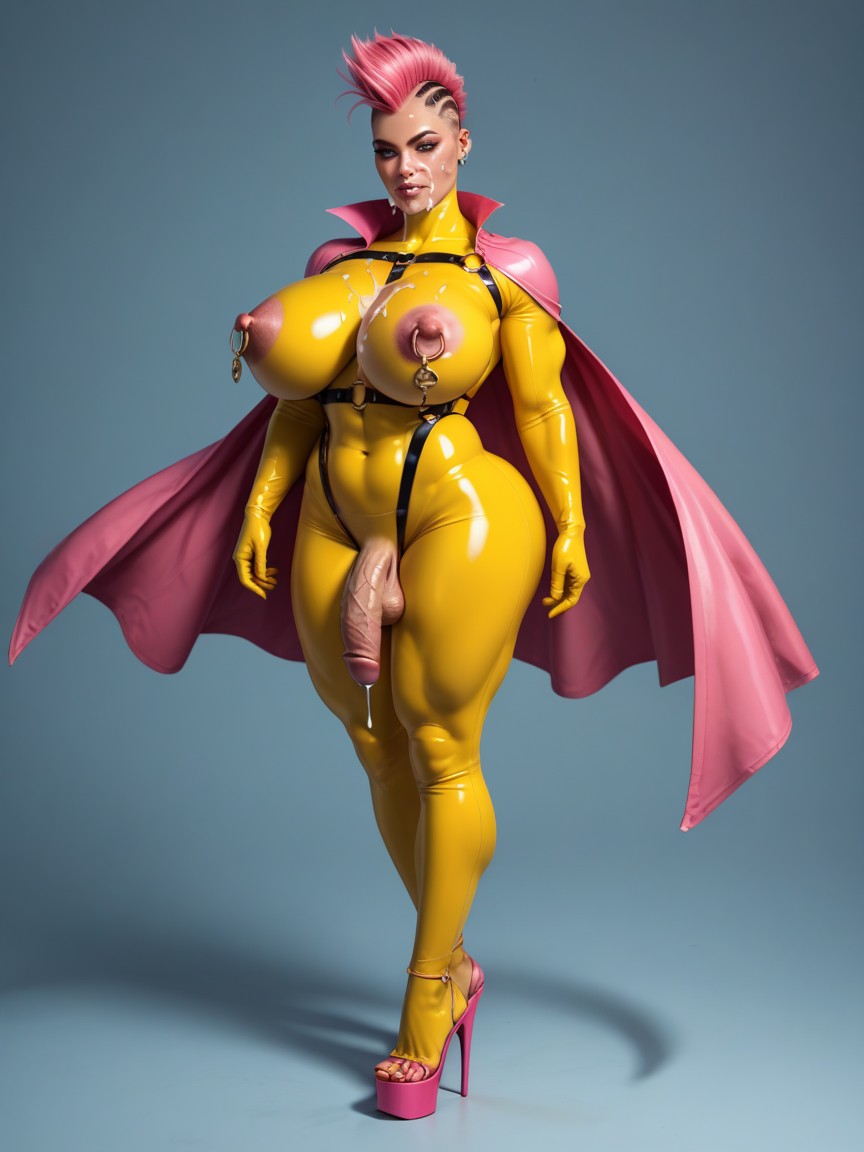 Pink Cape, Yellow Superhero Suit, Latex Gloves Shemale AI Porn