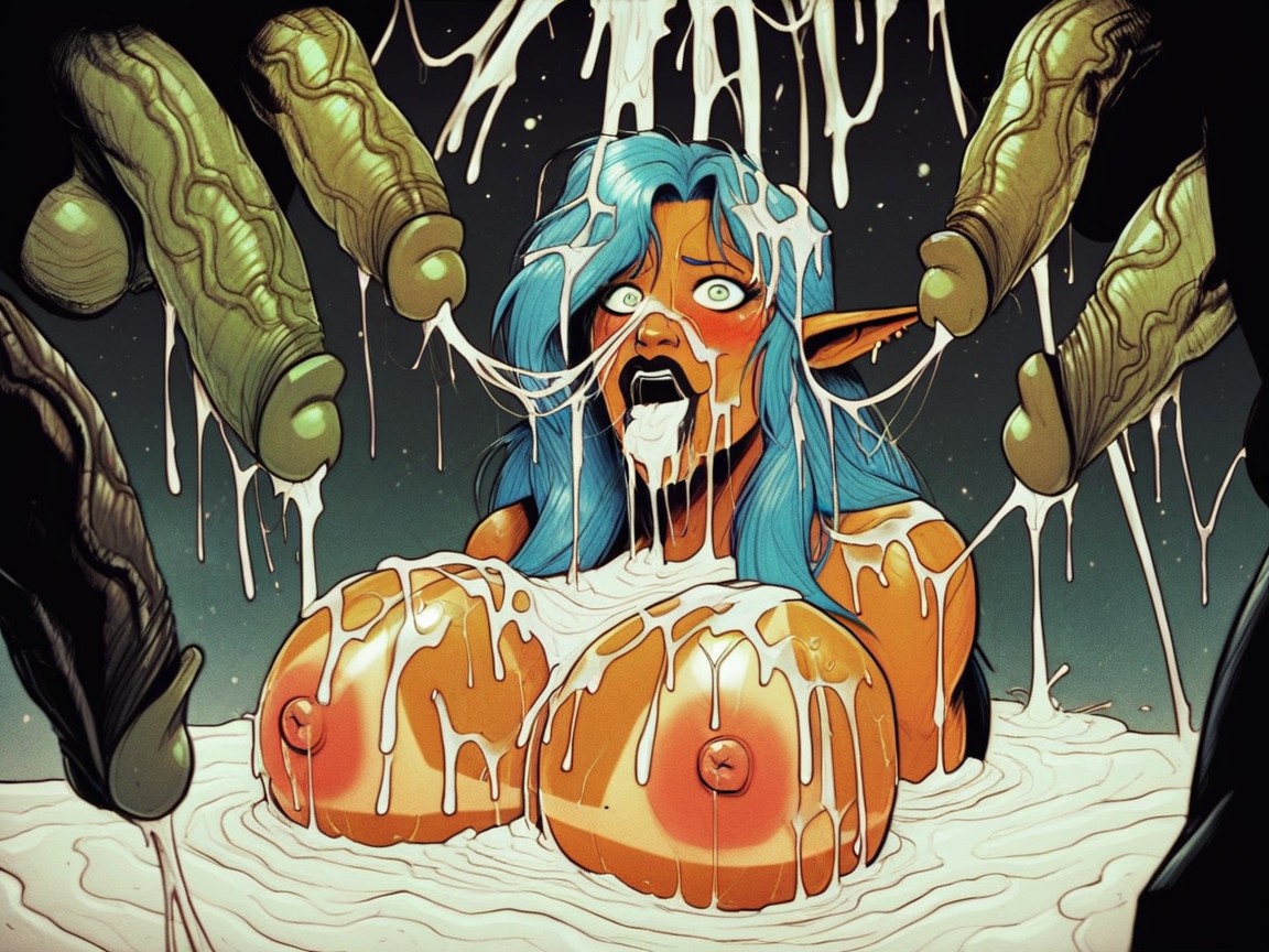 Long Blue Hair, Cum Everywhere, Semen On Back Hentai AI Porn