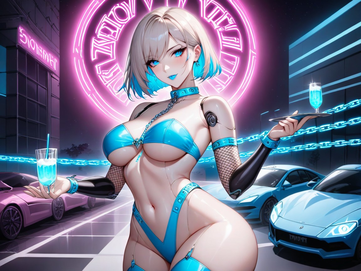 Chrome Lip Gloss, Metallic Blue High Concession Romper, Glass Windows AI Porn