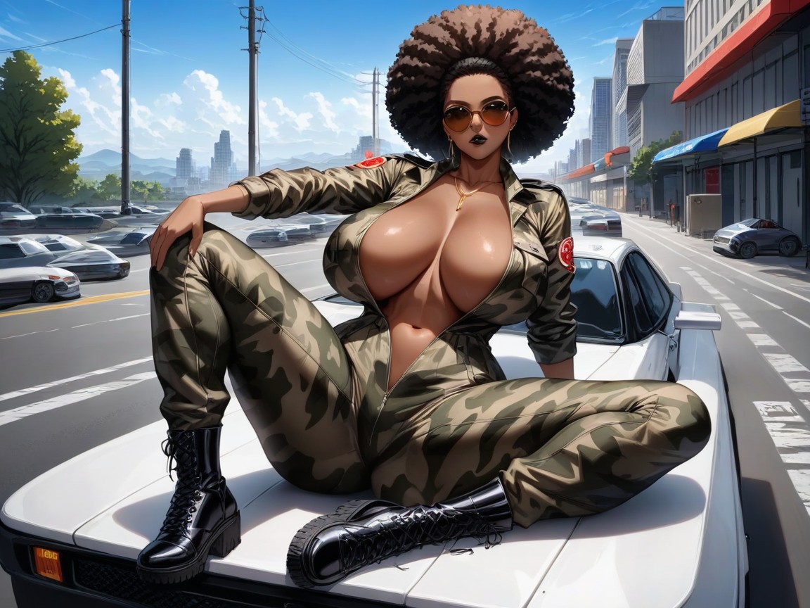 Surveillance Monitors, One Woman, Wearing A Camouflage Racing Suit AI Porn