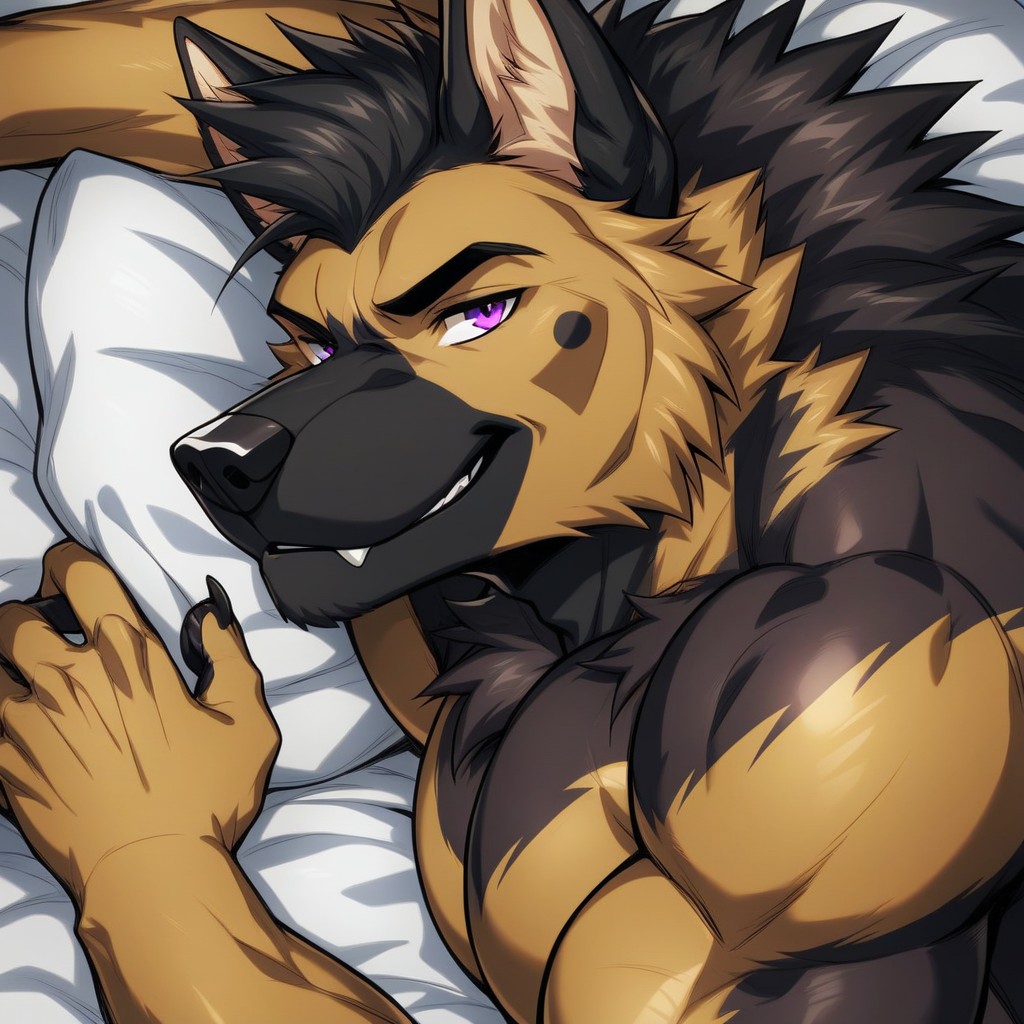 Black Hair, Extremely Muscular, Left Eye Purple Furry AI Porn