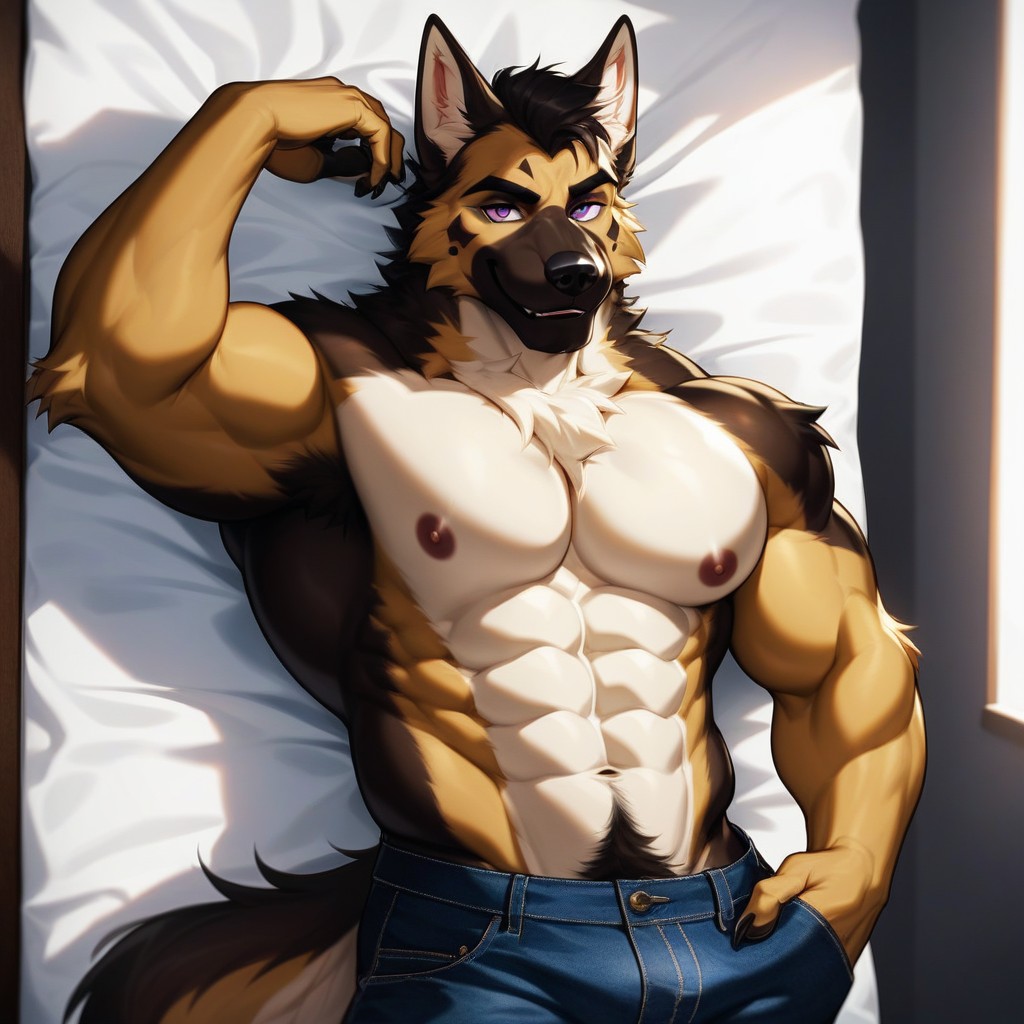 Bed, Left Eye Purple, Solo Furry AI Porn