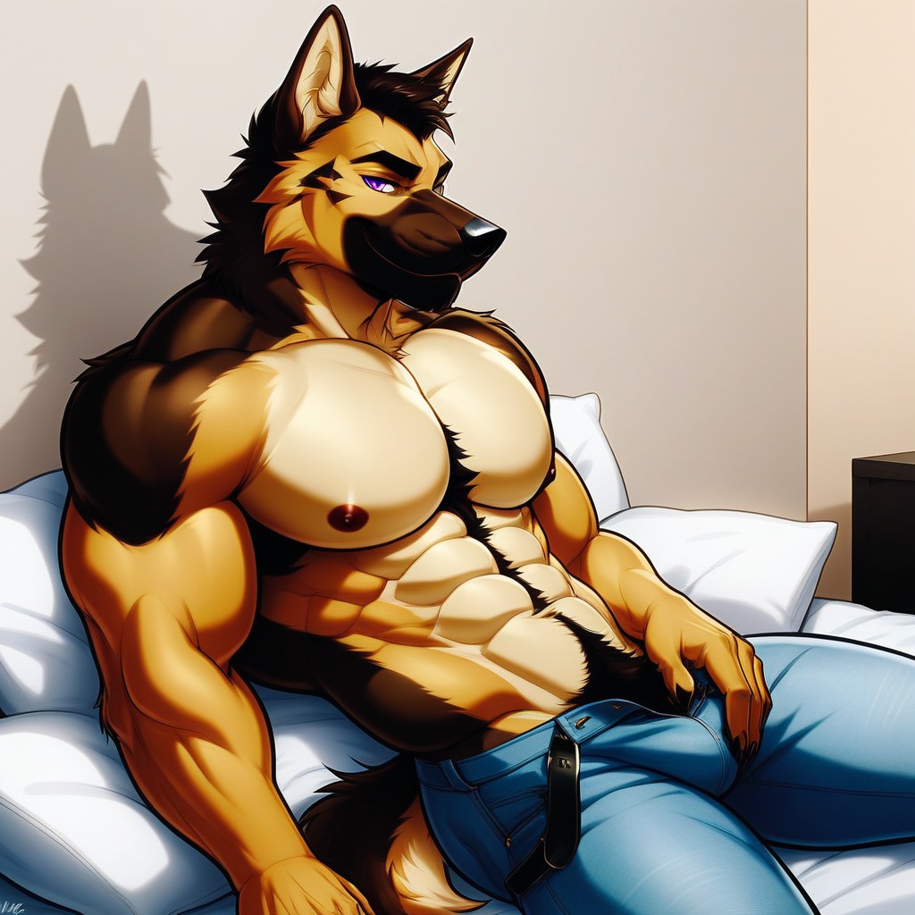 Highly Detailed Head Fluffy, Extremely Muscular, German Shepherd Furry AI Porn