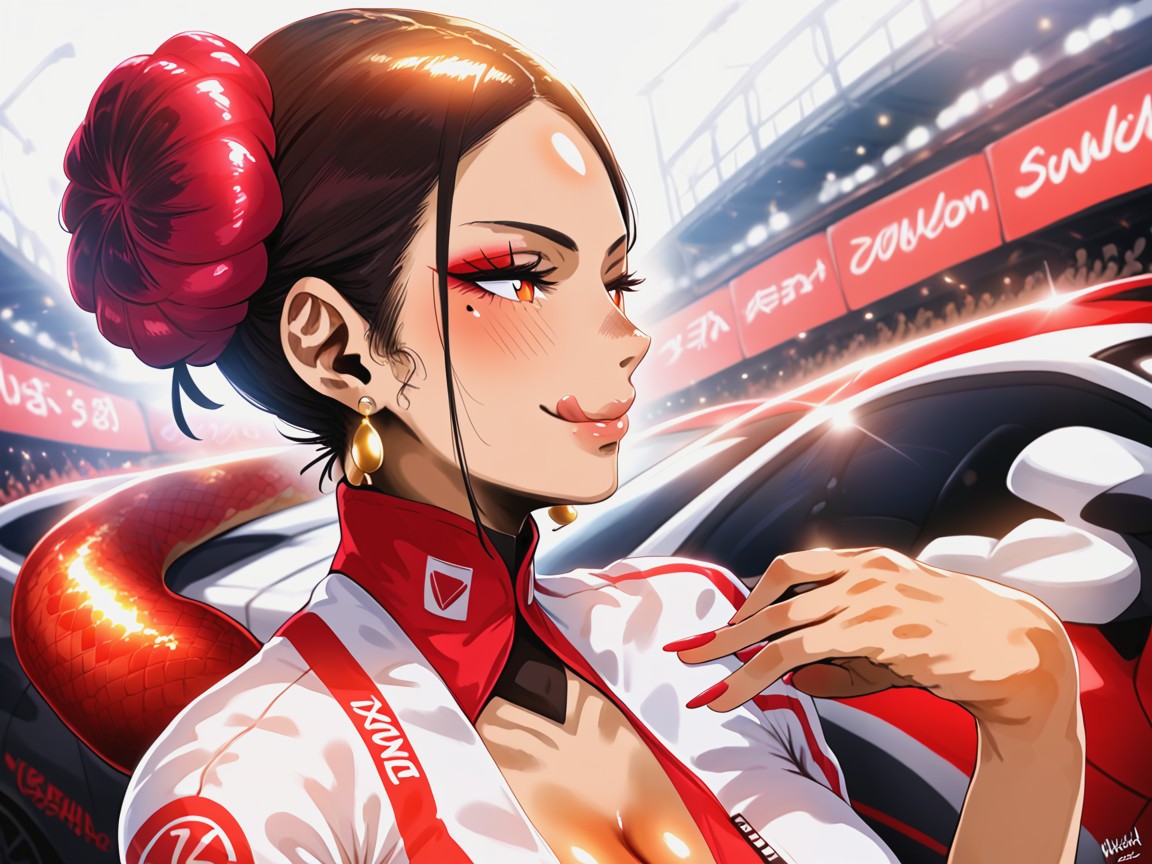 Cel Shading Effects, Woman With One Hand Up, Red Race Car In Background Hentai AI Porn