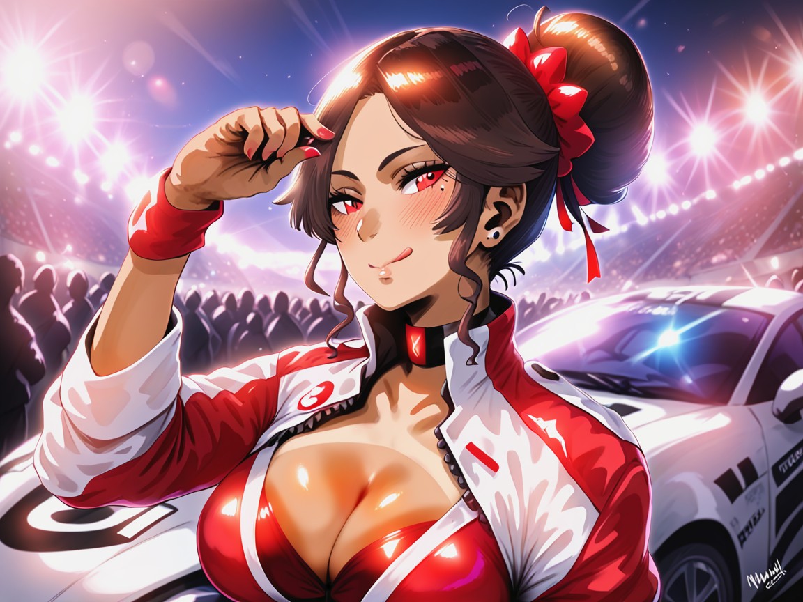 Wearing A Red Snake Skin Racing Suit, Tight Hips, Woman Ultra Detailed Hentai AI Porn