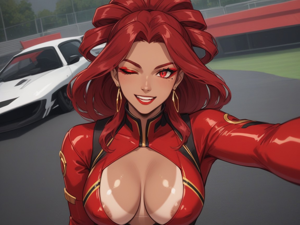 Photography Flashes In Background, Gigantic Tan Areolae, Wearing A Red Snake Skin Racing Suit Latina AI Porn