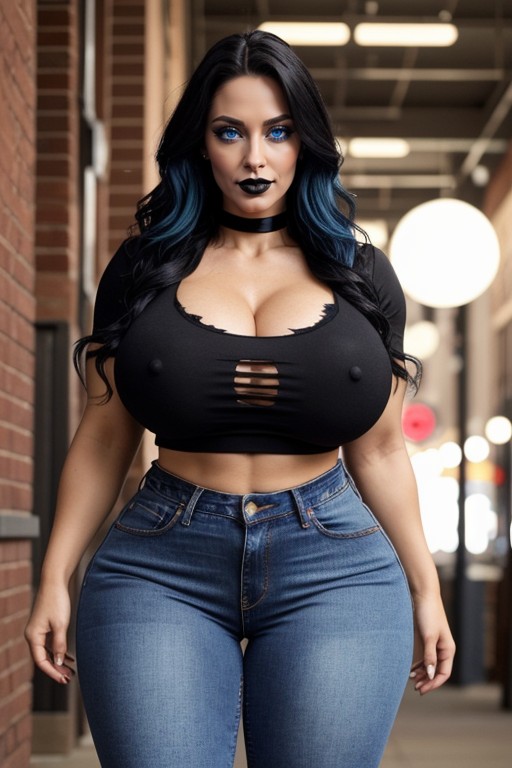 Wavy Long Hair, Black Mascara, Extremely Steroid Muscular Thighs AI Porn