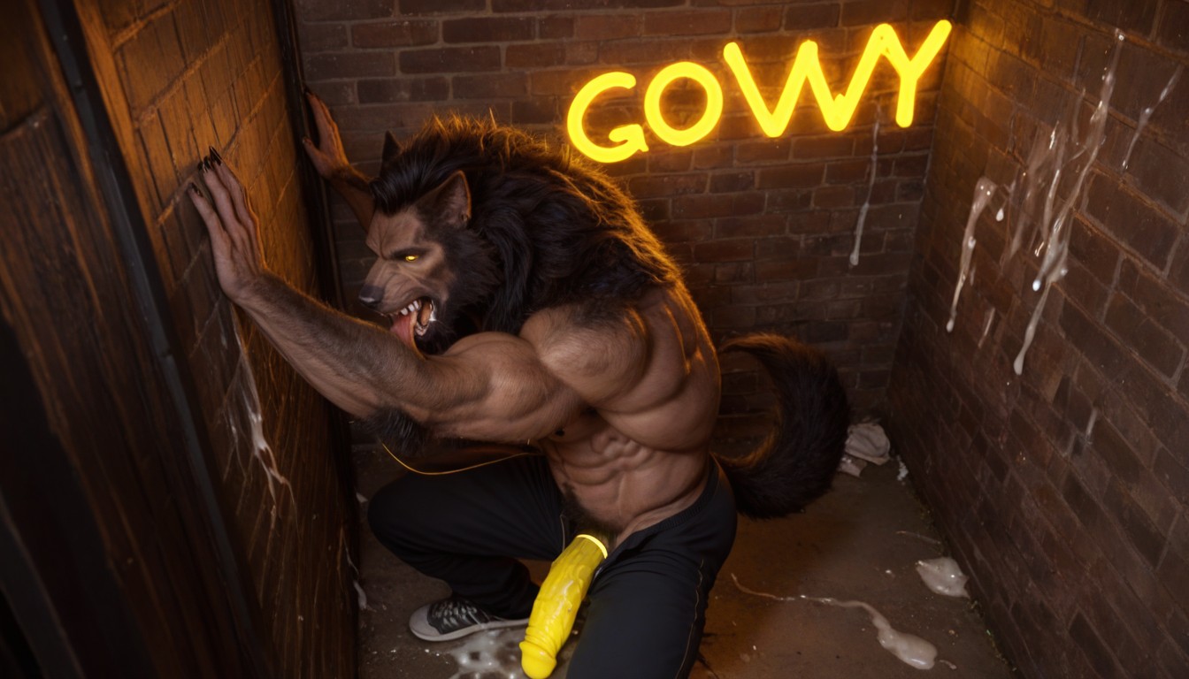 Uhd, Werewolf Pushing Massive Steaming Cum Out His Ass, Oversized Yellow Neon Dildo Fucks Werewolf ゲイAIポルノ