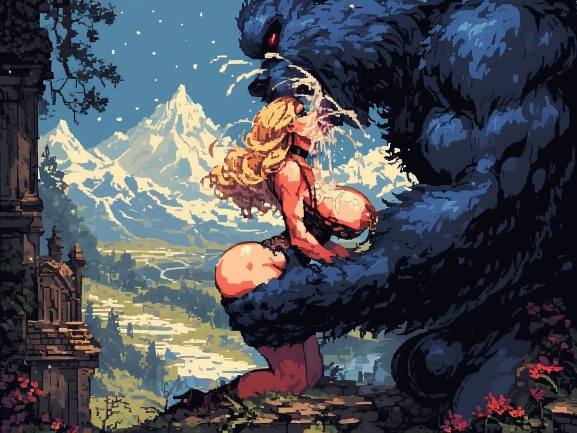 Blonde Hair, Dreamy, Insanely Huge Furry Black Yeti AI Porn
