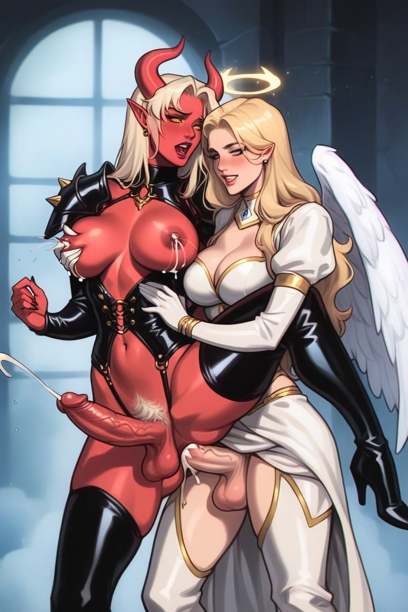 Futa Demon With Yellow Eyes, Voluptuous, Demon Futa On Angel Futa Shemale AI Porn