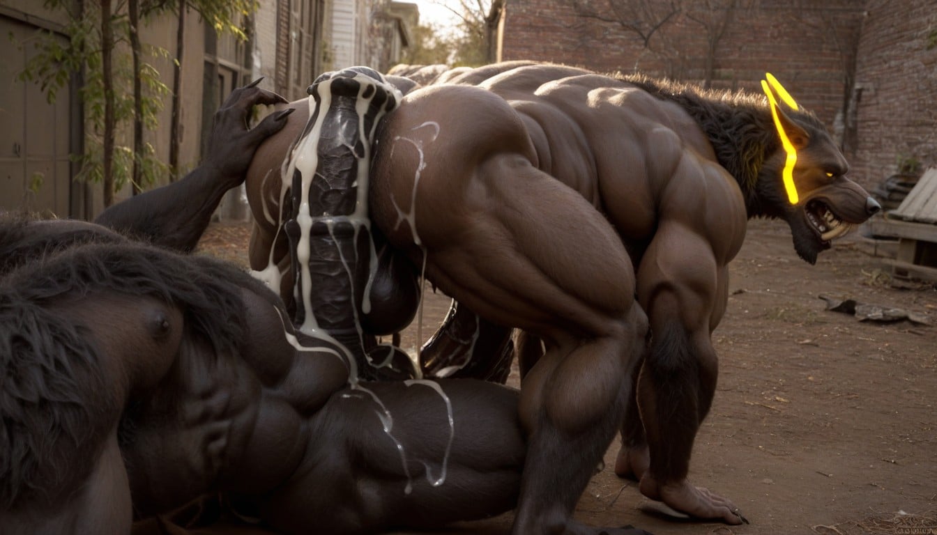 Octane Render, Massive Oversized Yellow Equitaurcock Fills The Complete Gay Werewolf Body Out, Hard Moonlight From Above AI Gay Porn