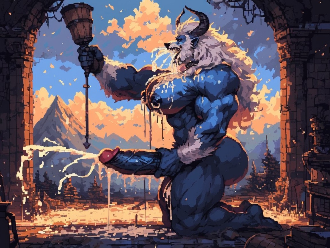 Cumming On Breasts, Kneeling, Huge Muscular Furry White Horned Yeti AI Porn
