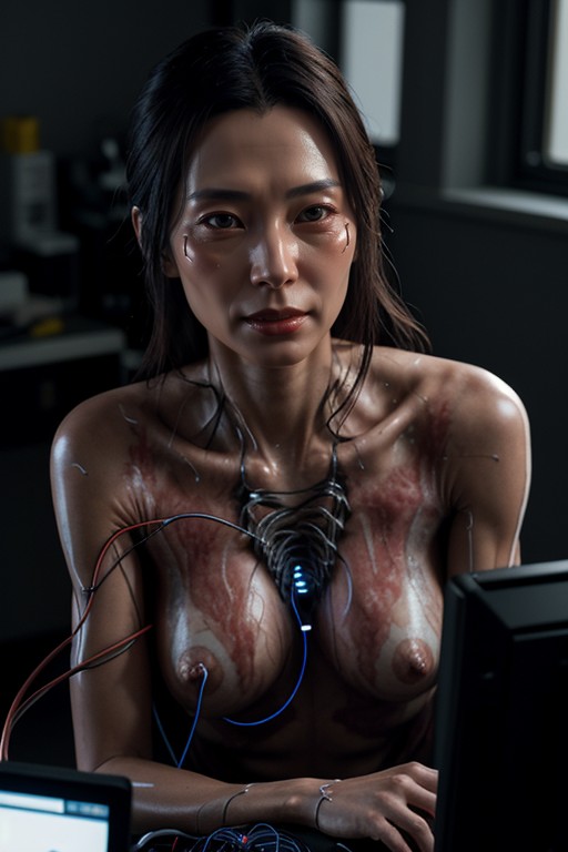 Connected With Electric Wires, Sweaty, Dark Room AI Porn