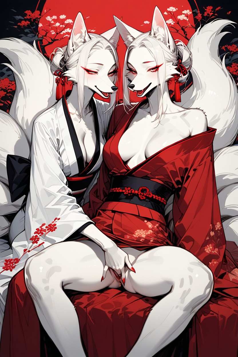 White Fur, Mouth Open, Kimono Furry AI Porn