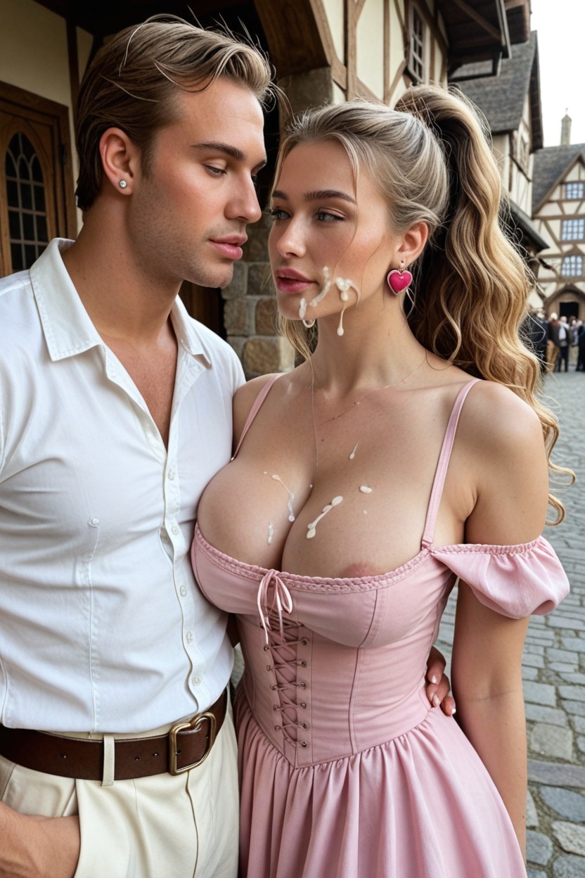 Pink Lipstick, Ponytail, Cum On Cheek AI Porn