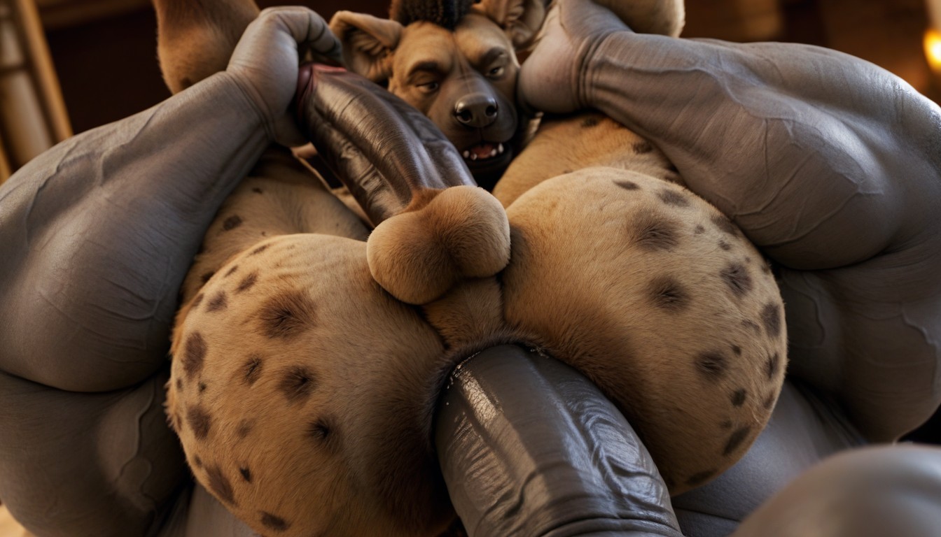 Photorealistic Style, Out Of The Hyena Furry Ass Comes Massive Cum, Hyena Furry With Full Belly Bulge AI Gay Porn